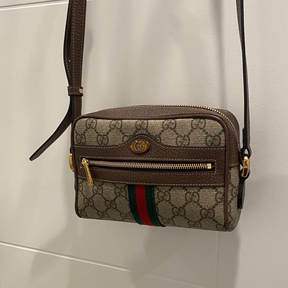 Gucci Beige/Brown GG Canvas Crossbody with Green-Red Web Stripe